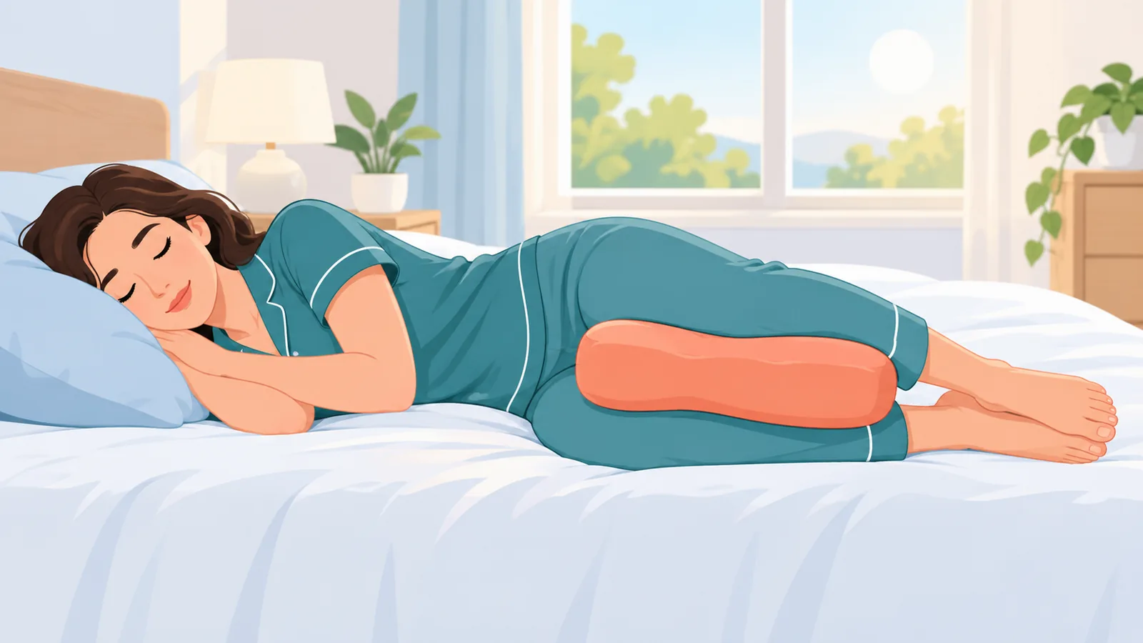 Persona durmiendo de lado con una almohada entre las rodillas