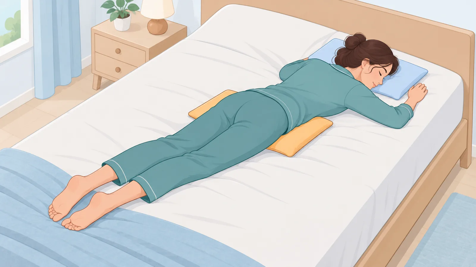 Persona boca abajo con una almohada fina bajo el abdomen
