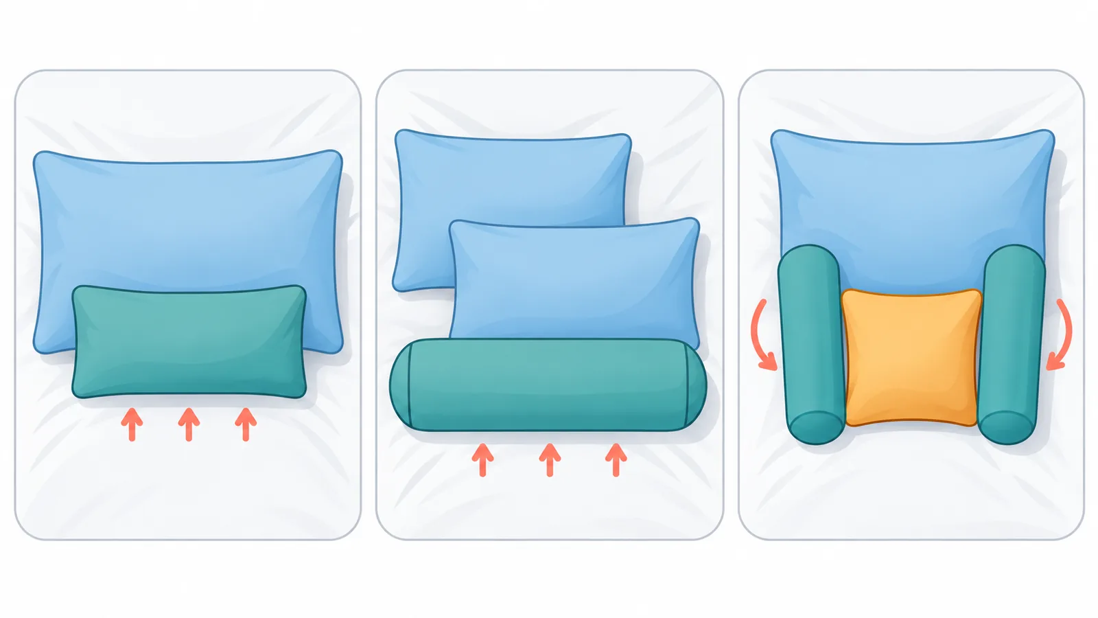 Tres disposiciones de almohadas y cojines para distintas posturas de sueño
