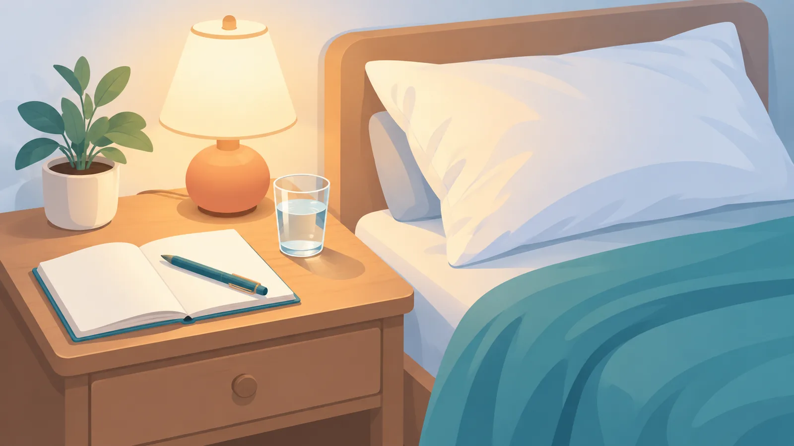 Mesilla de noche con cuaderno, vaso de agua y lámpara preparada para dormir