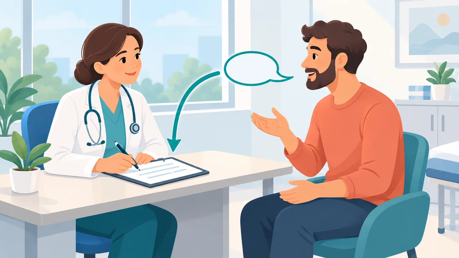 Médico y paciente conversando en una consulta tranquila