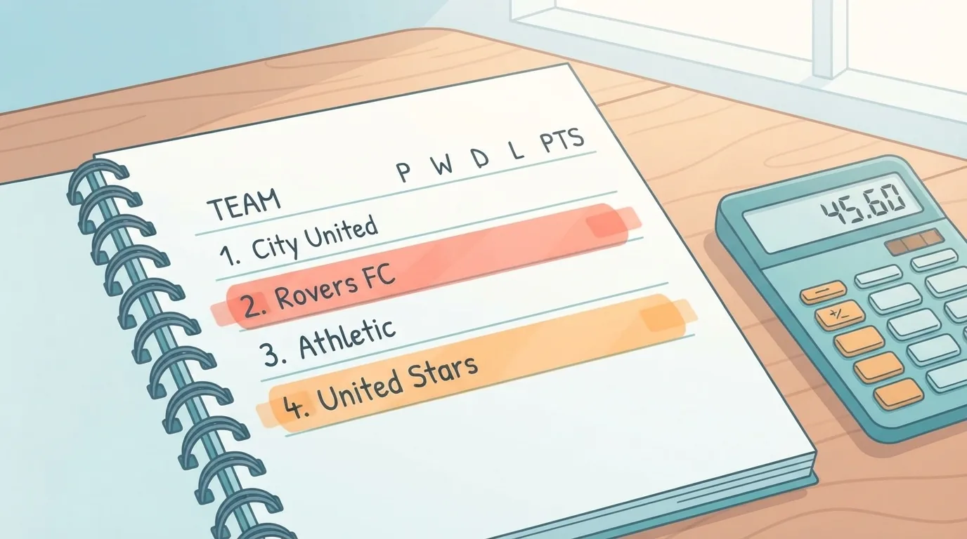Cuaderno con una clasificación de fútbol y dos equipos empatados a puntos resaltados