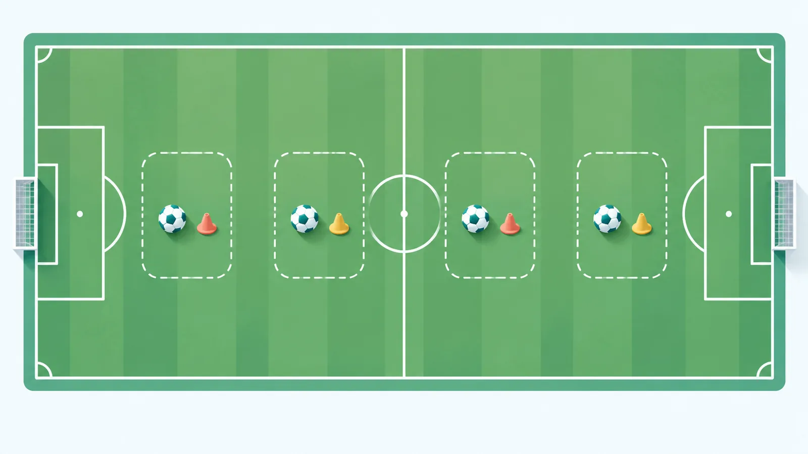 Cuatro estaciones de entrenamiento con balón y cono en un campo de césped