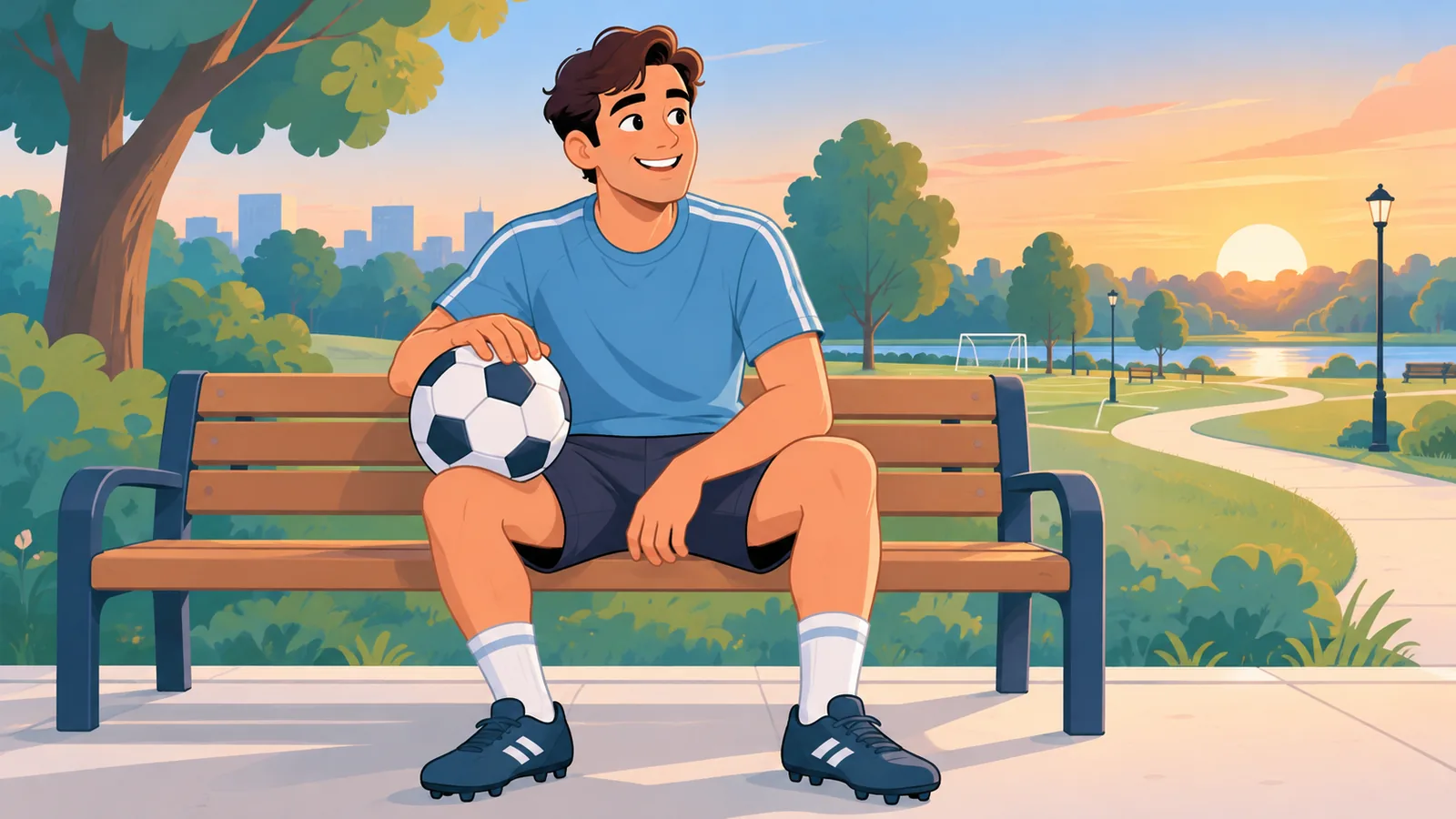 Principiante sonriente descansando con el balón sobre la rodilla