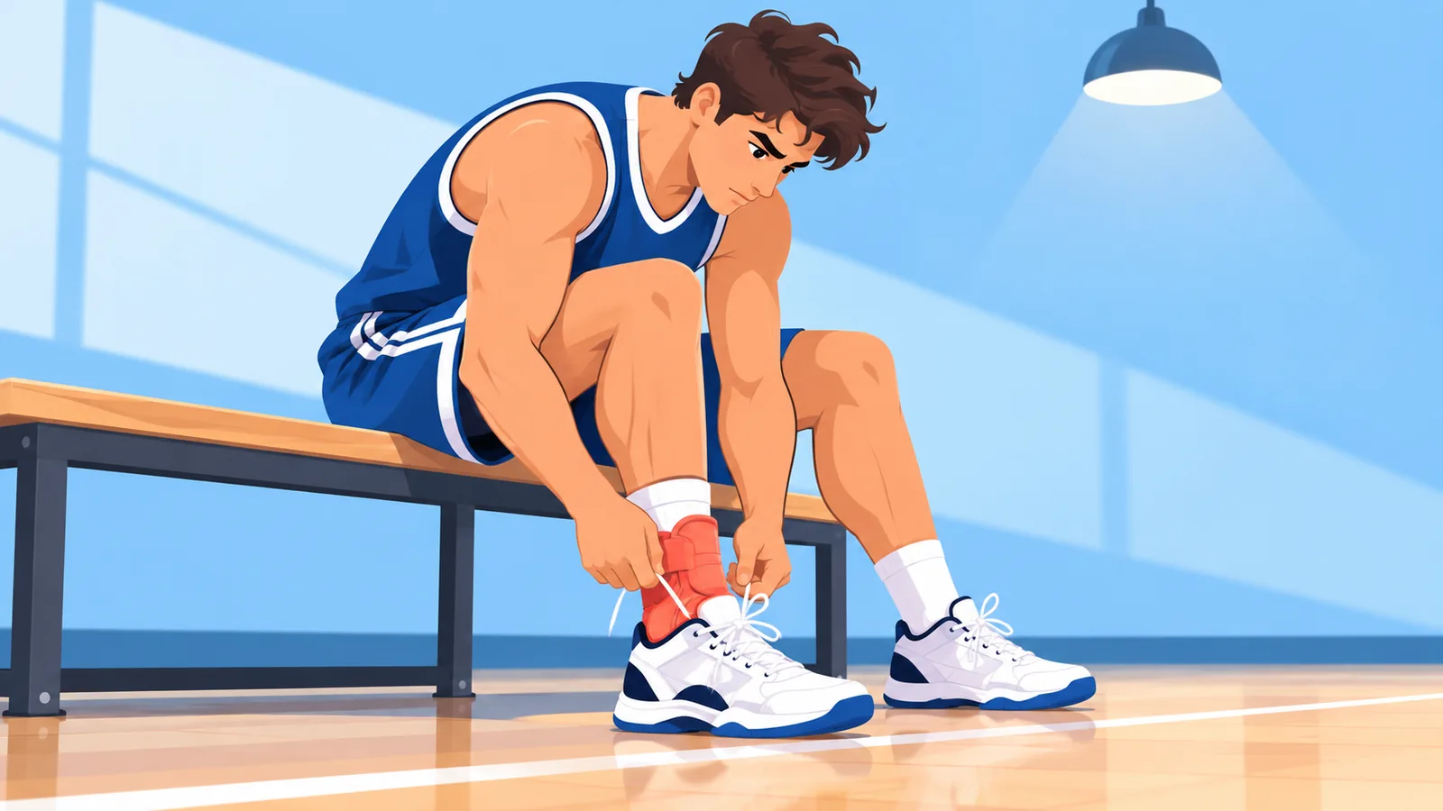 Jugador de baloncesto con tobillera atándose las zapatillas en el banquillo