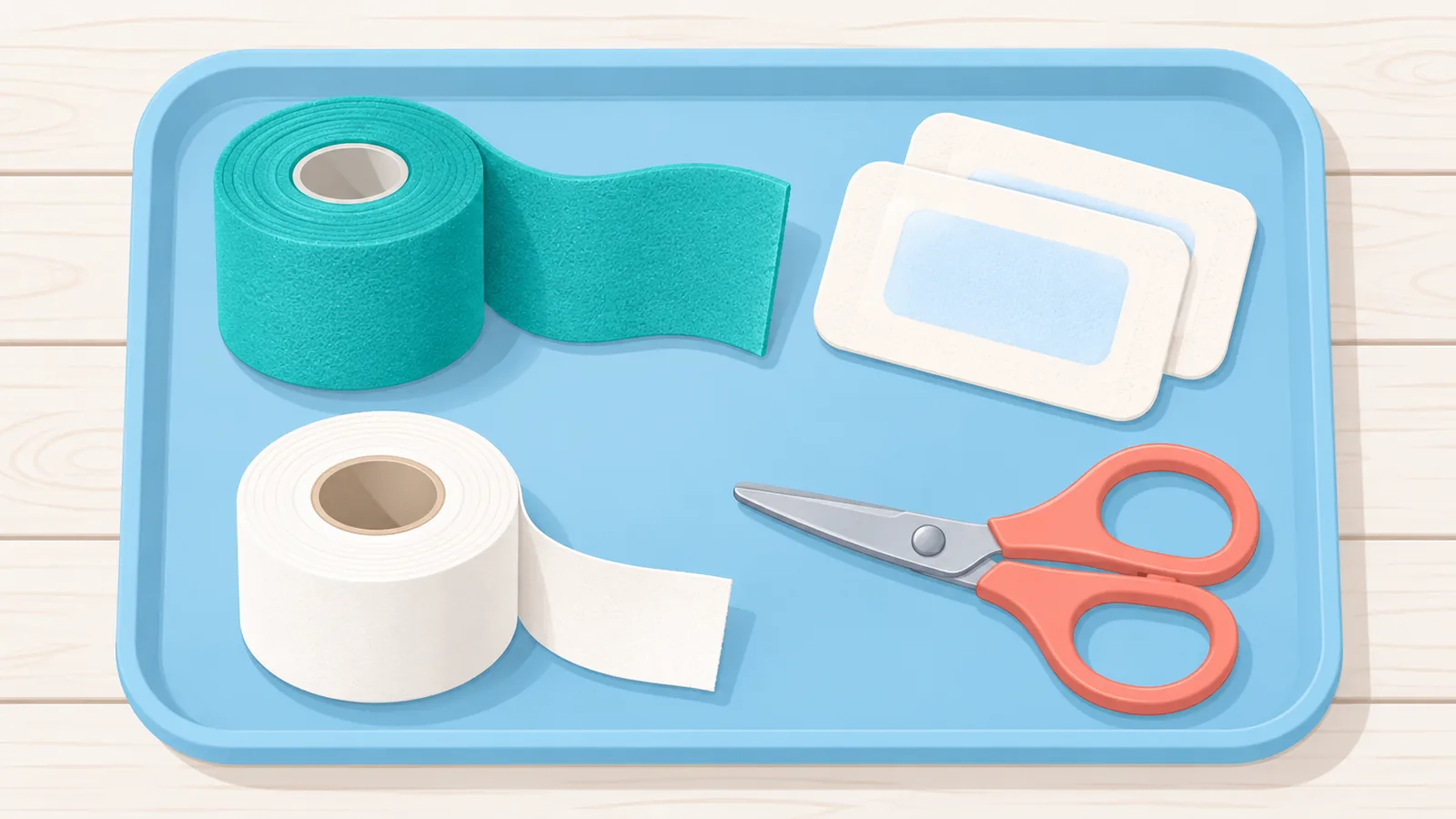 Material para vendar el tobillo: almohadillas, prevendaje, cinta y tijeras