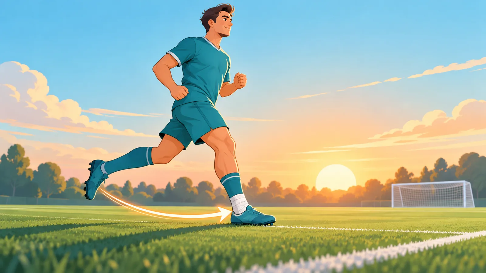 Futbolista trotando en el campo con el tobillo vendado