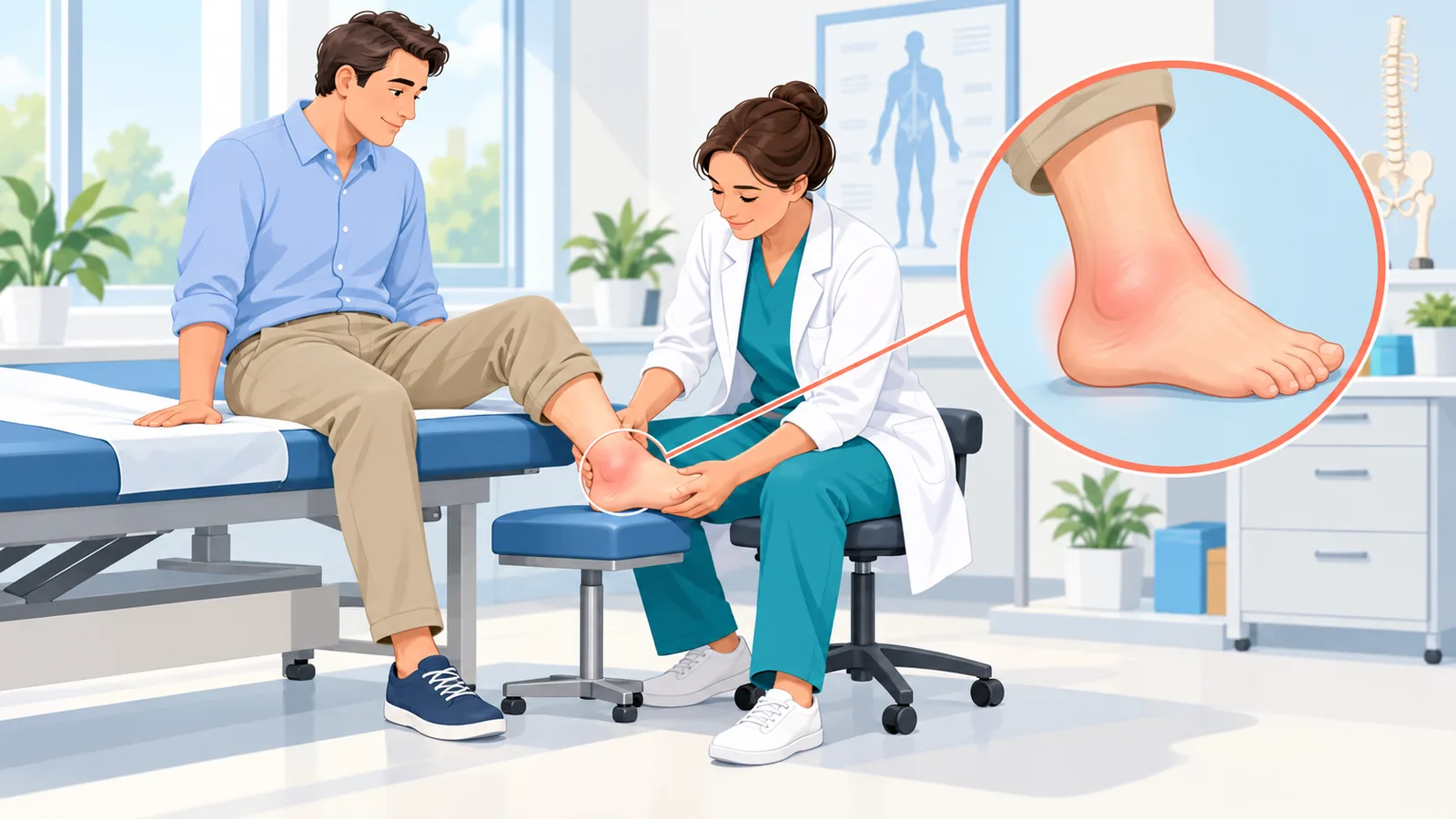 Médico del deporte explorando un tobillo hinchado en la consulta