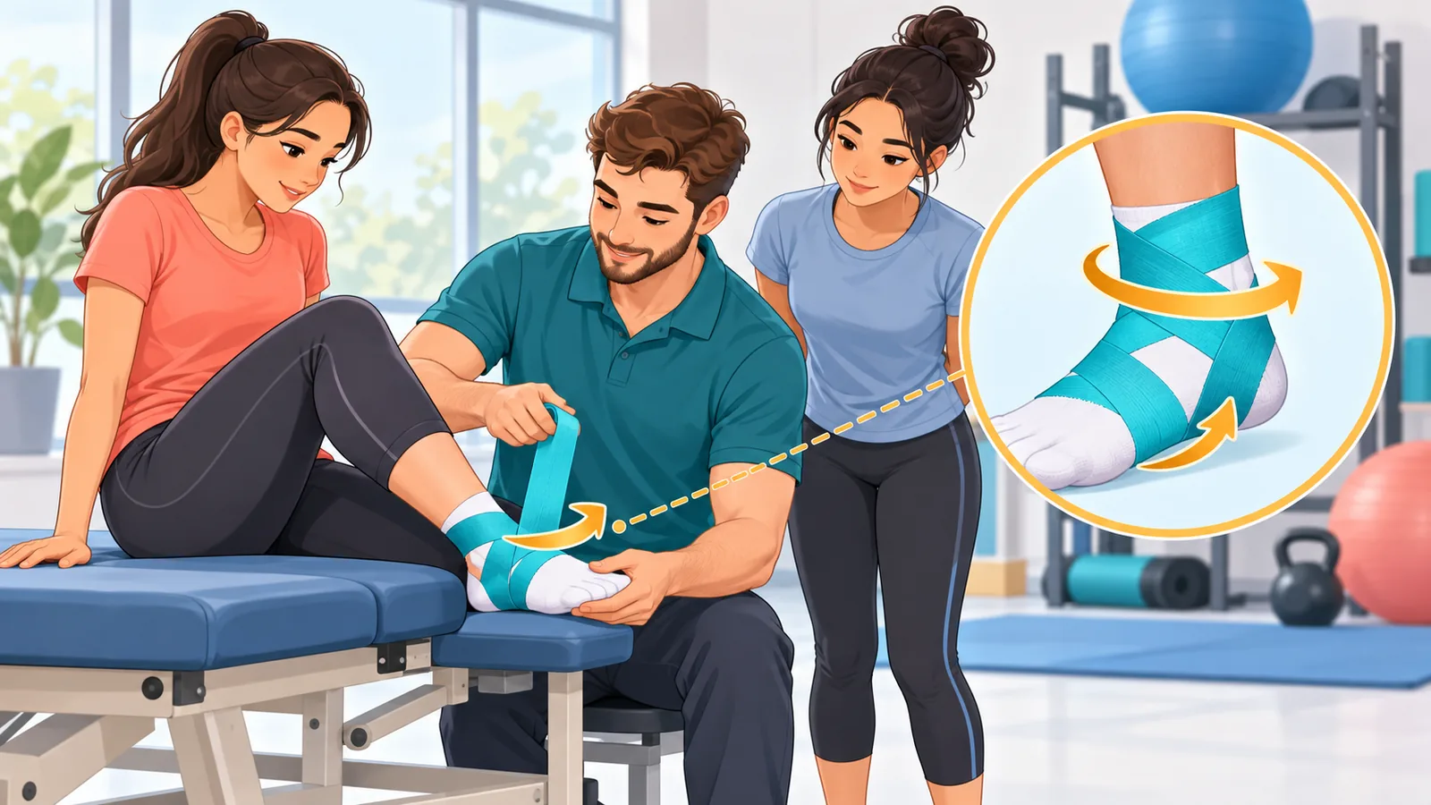 Fisioterapeuta enseñando la técnica de vendaje a dos jóvenes deportistas