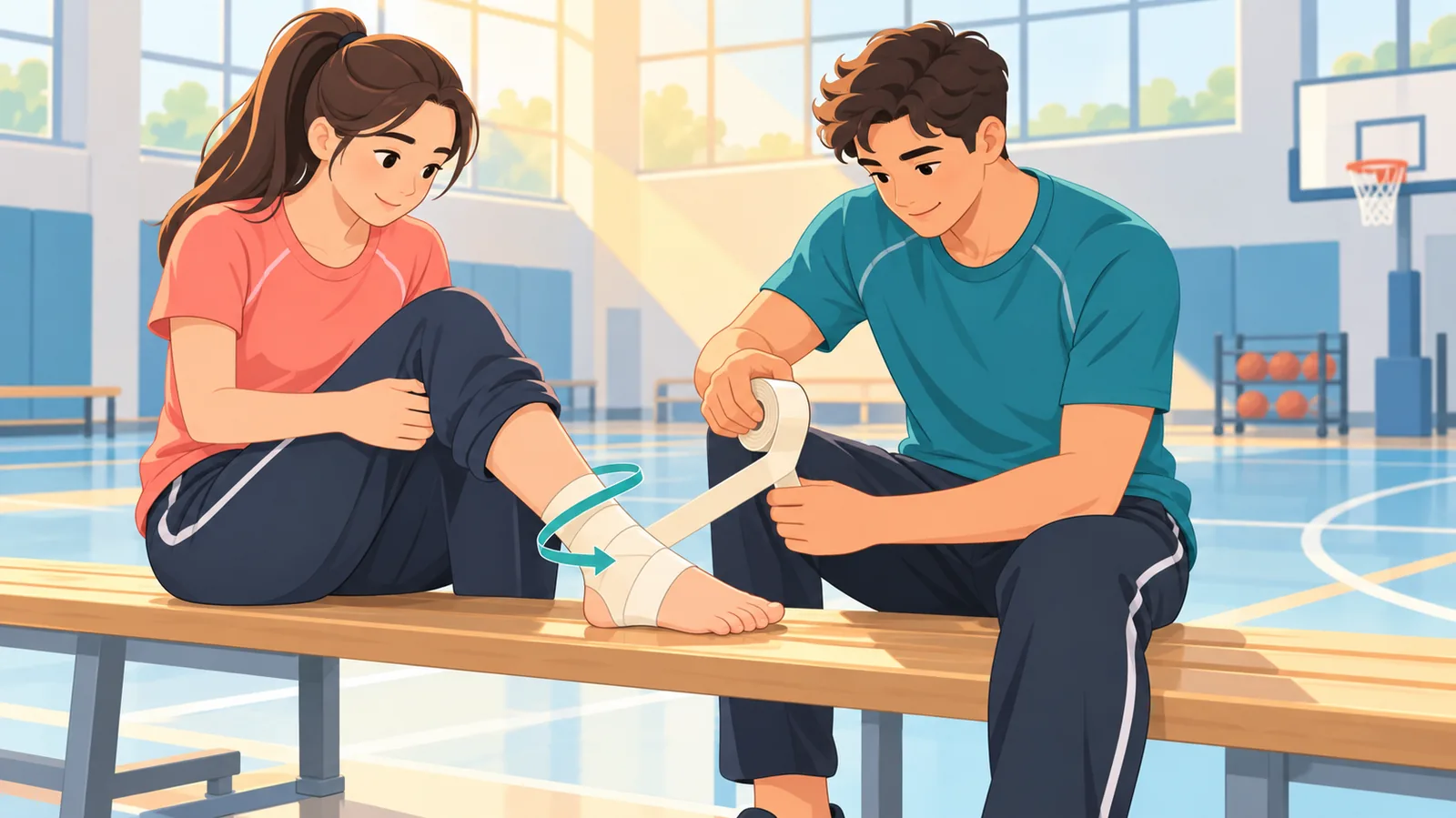 Dos compañeros practicando el vendaje de tobillo antes de entrenar
