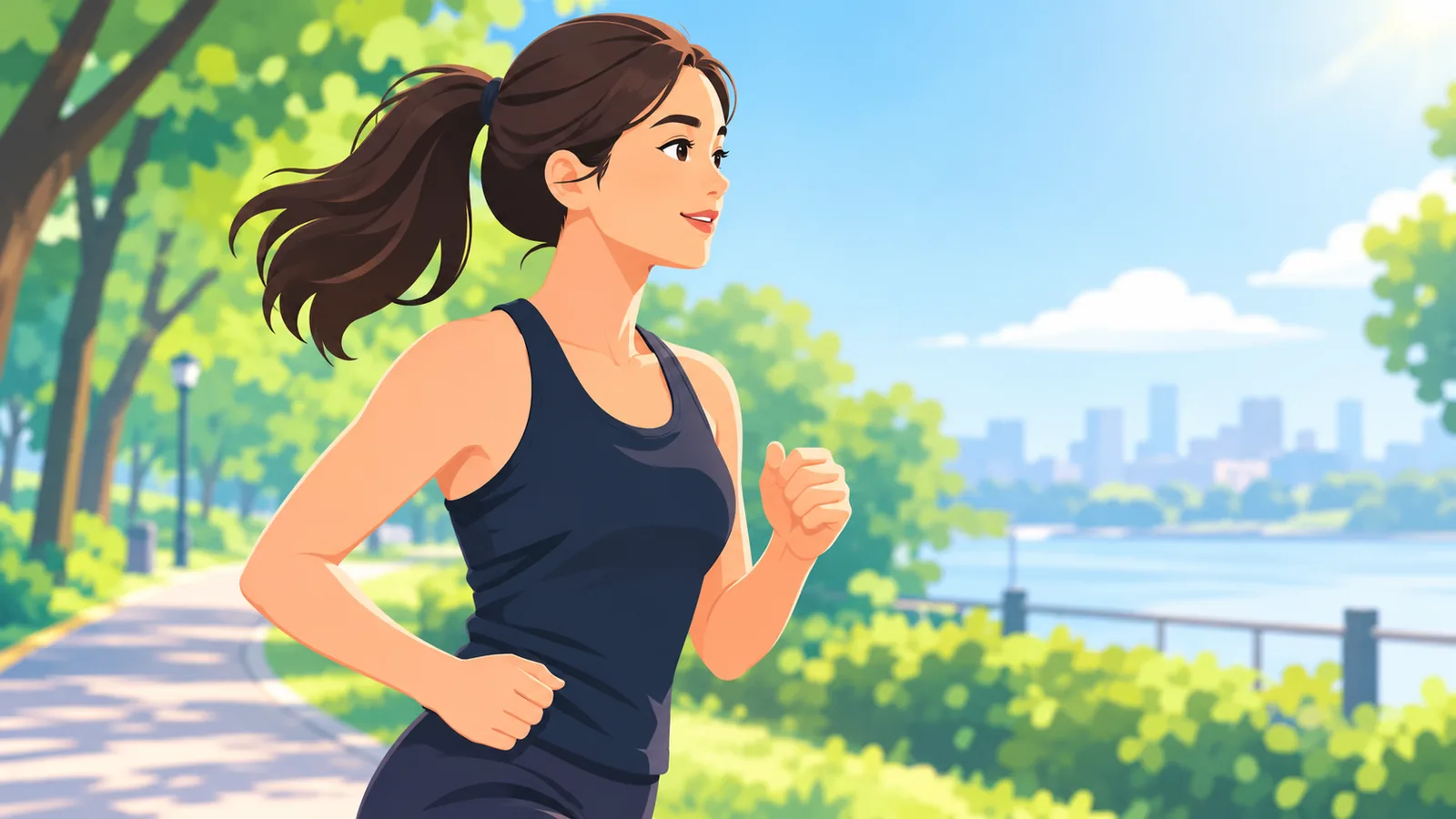 Mujer corriendo por un parque al amanecer