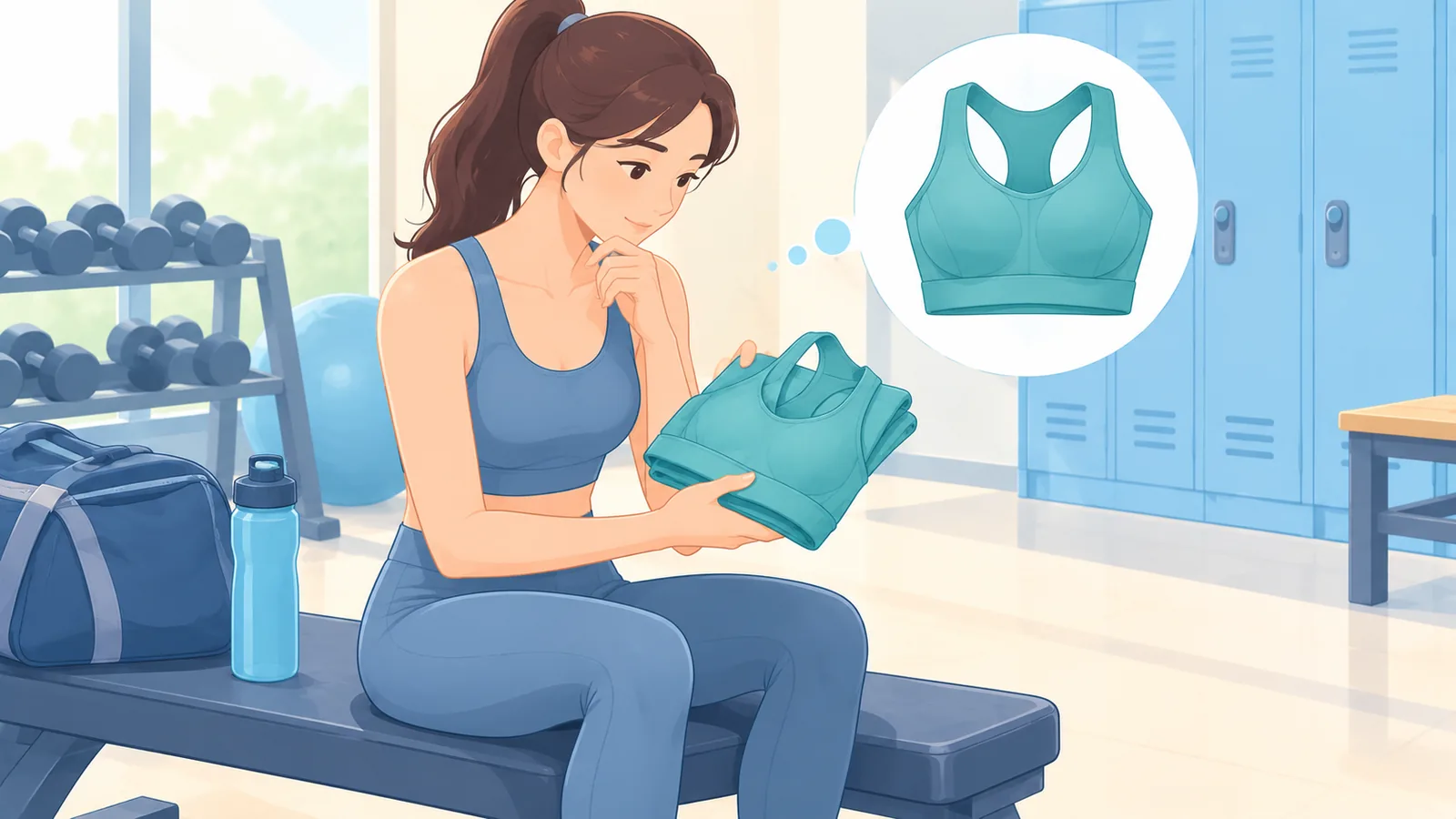 Mujer en el gimnasio decidiendo qué sujetador elegir