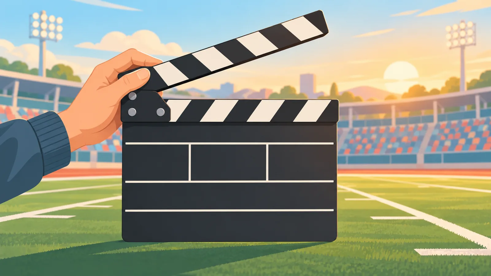 Claqueta de cine en un campo deportivo
