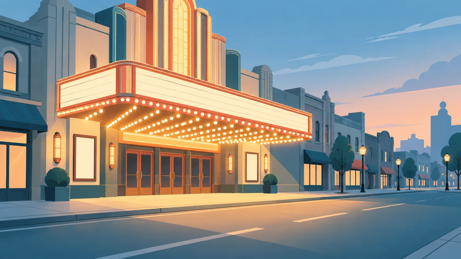 Marquesina de un cine clásico al anochecer