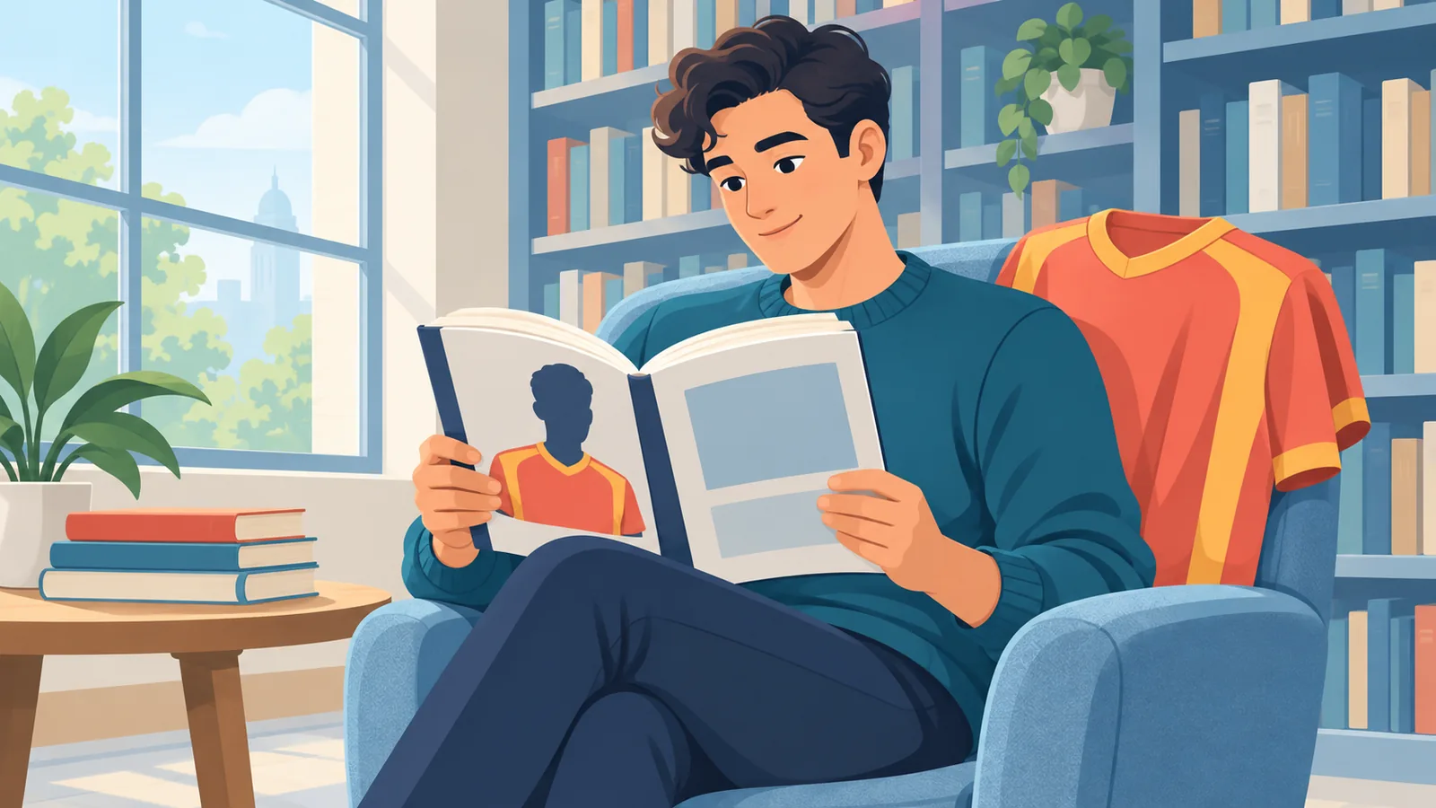 Lectura de una biografía deportiva en una biblioteca