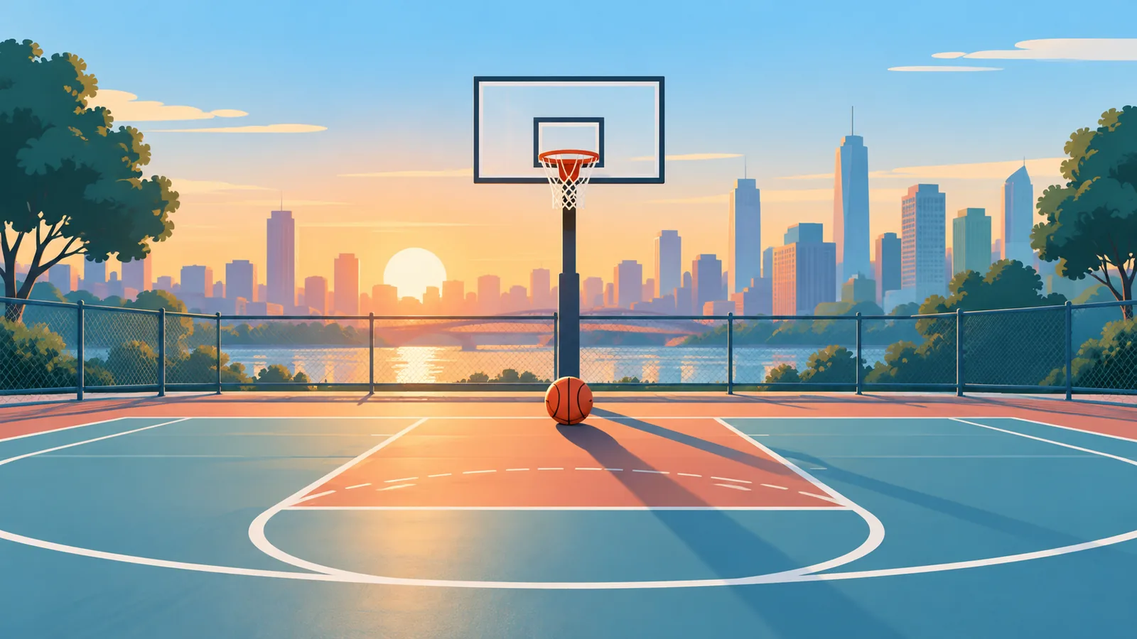 Cancha de baloncesto urbana al amanecer
