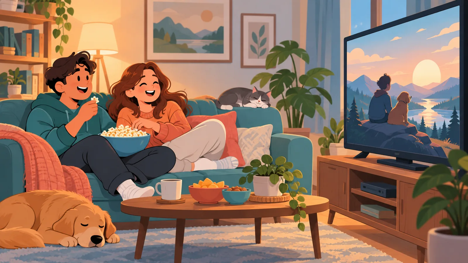Amigos viendo una película en casa