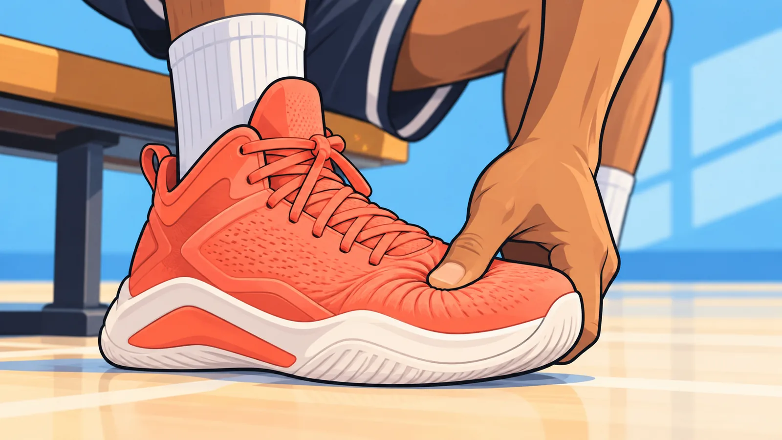 Pie ancho presionando el lateral de una zapatilla de baloncesto estrecha