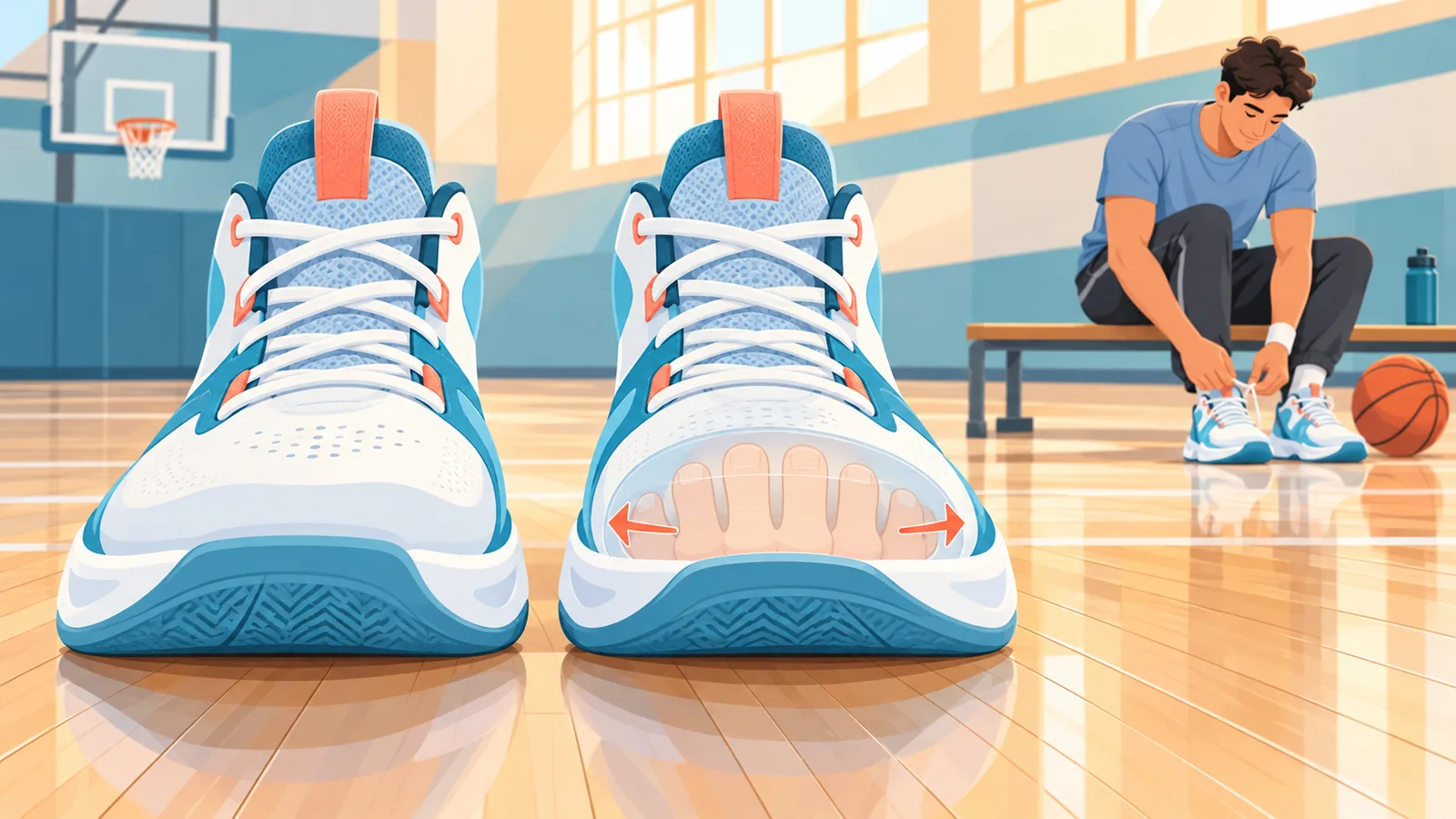 Zapatillas de baloncesto de puntera amplia vistas desde delante