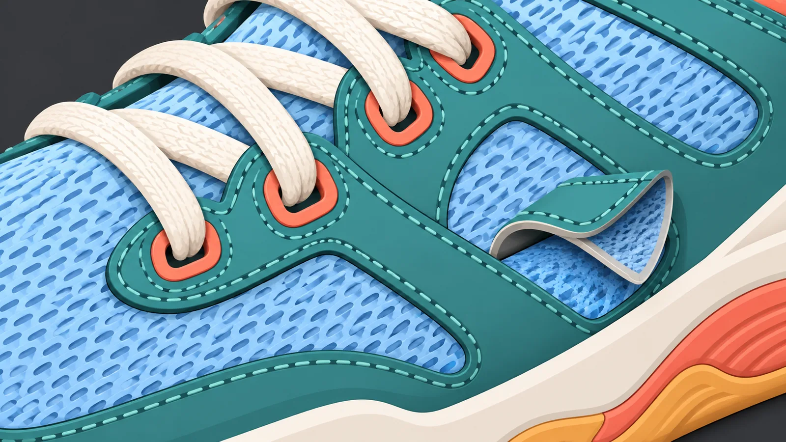 Detalle de los refuerzos del upper de una zapatilla de baloncesto