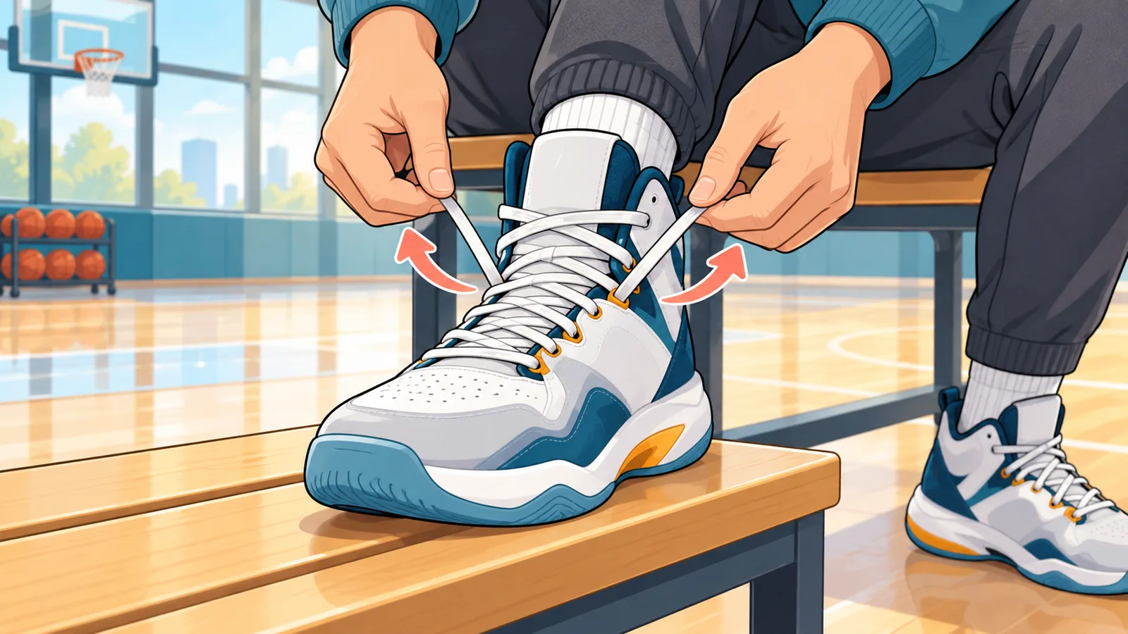 Jugador atándose los cordones de unas zapatillas de baloncesto