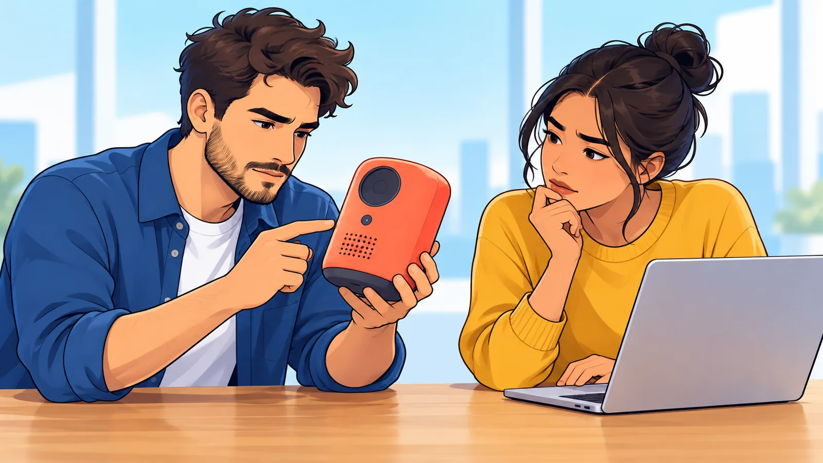 Dos fundadores revisan un prototipo en un espacio de trabajo compartido
