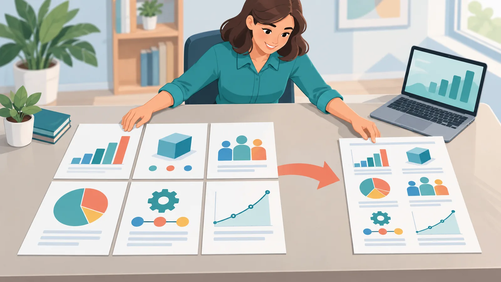 Fundador ordenando el pitch deck y el resumen de una página