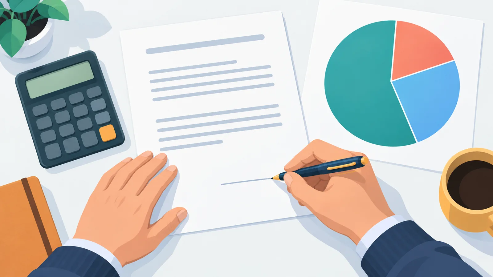 Firma de un contrato junto a un gráfico de reparto del capital