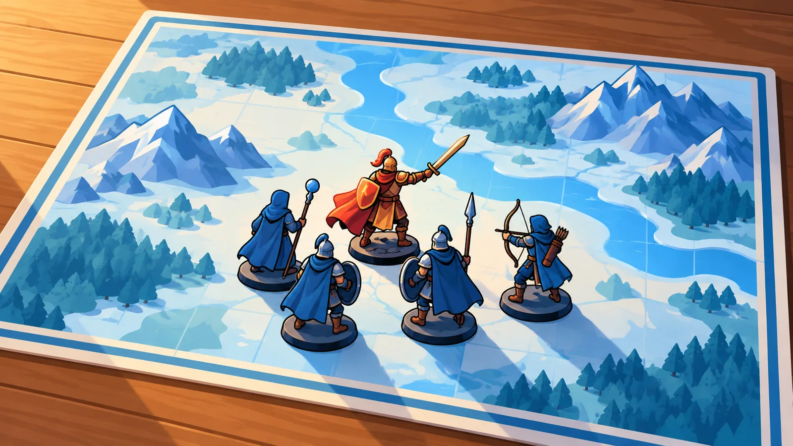 Mesa con un tablero de estrategia y figuras de fantasía colocadas en formación