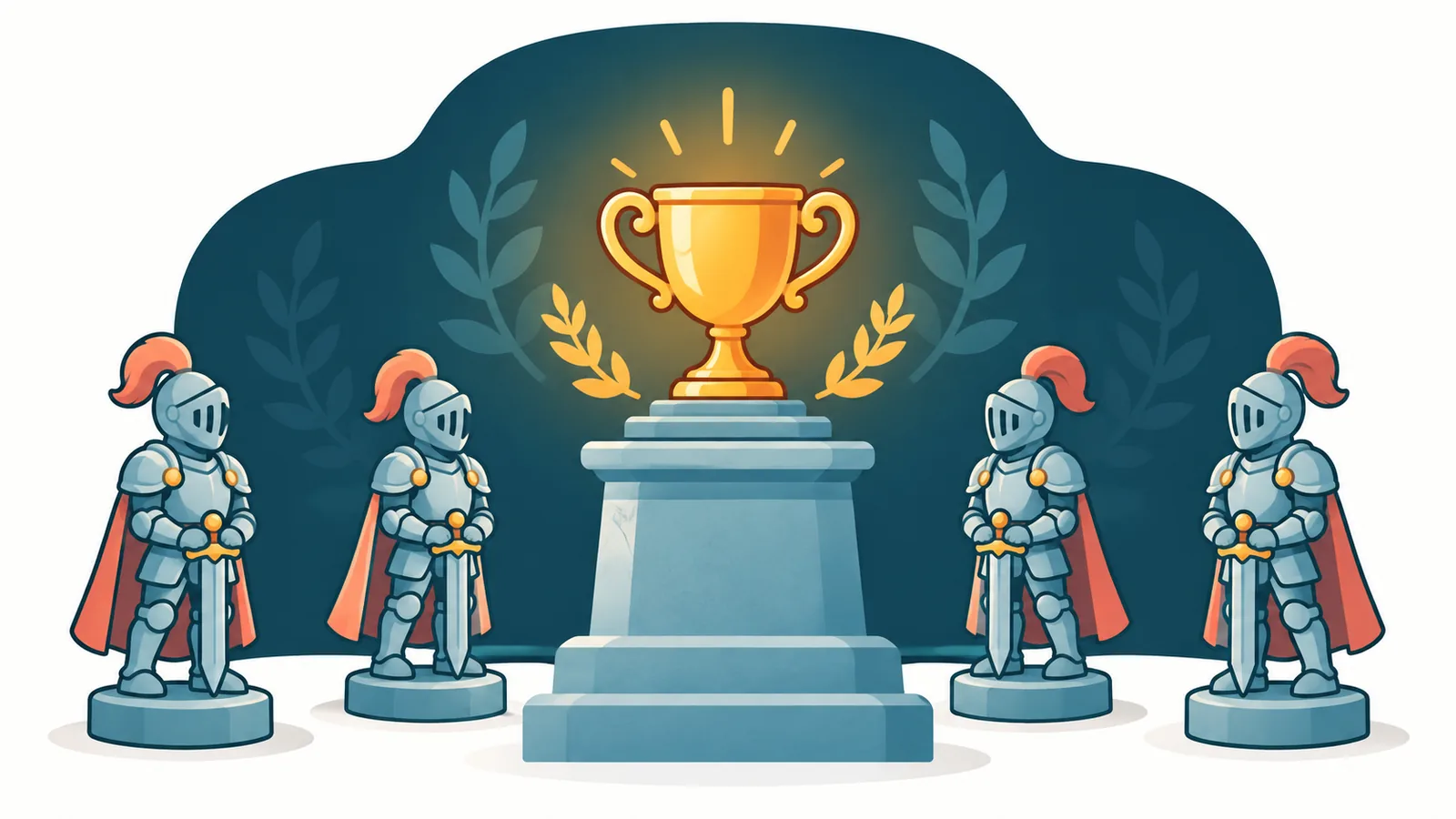 Trofeo dorado sobre un pedestal junto a figuras de caballeros