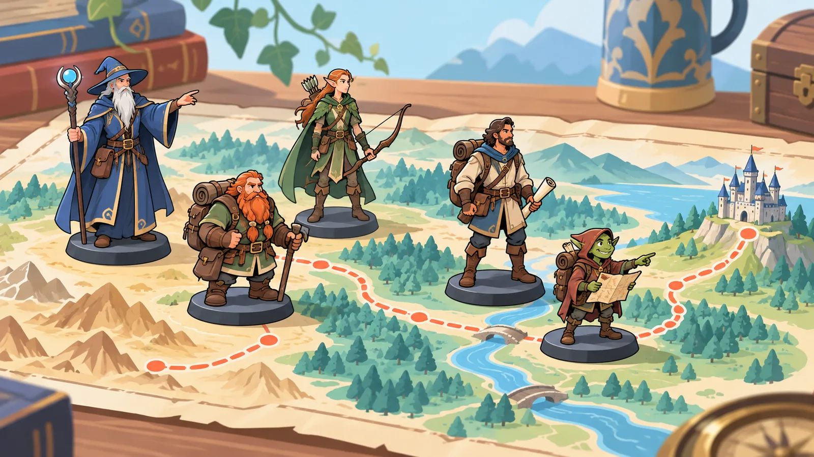Grupo de figuras de fantasía de distintas clases sobre un mapa