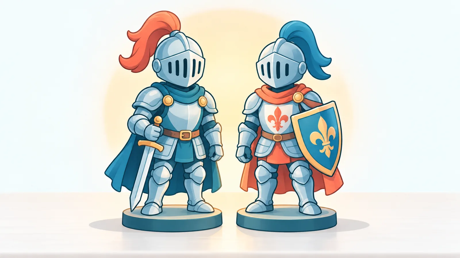 Dos figuras de caballeros juntas sobre una mesa