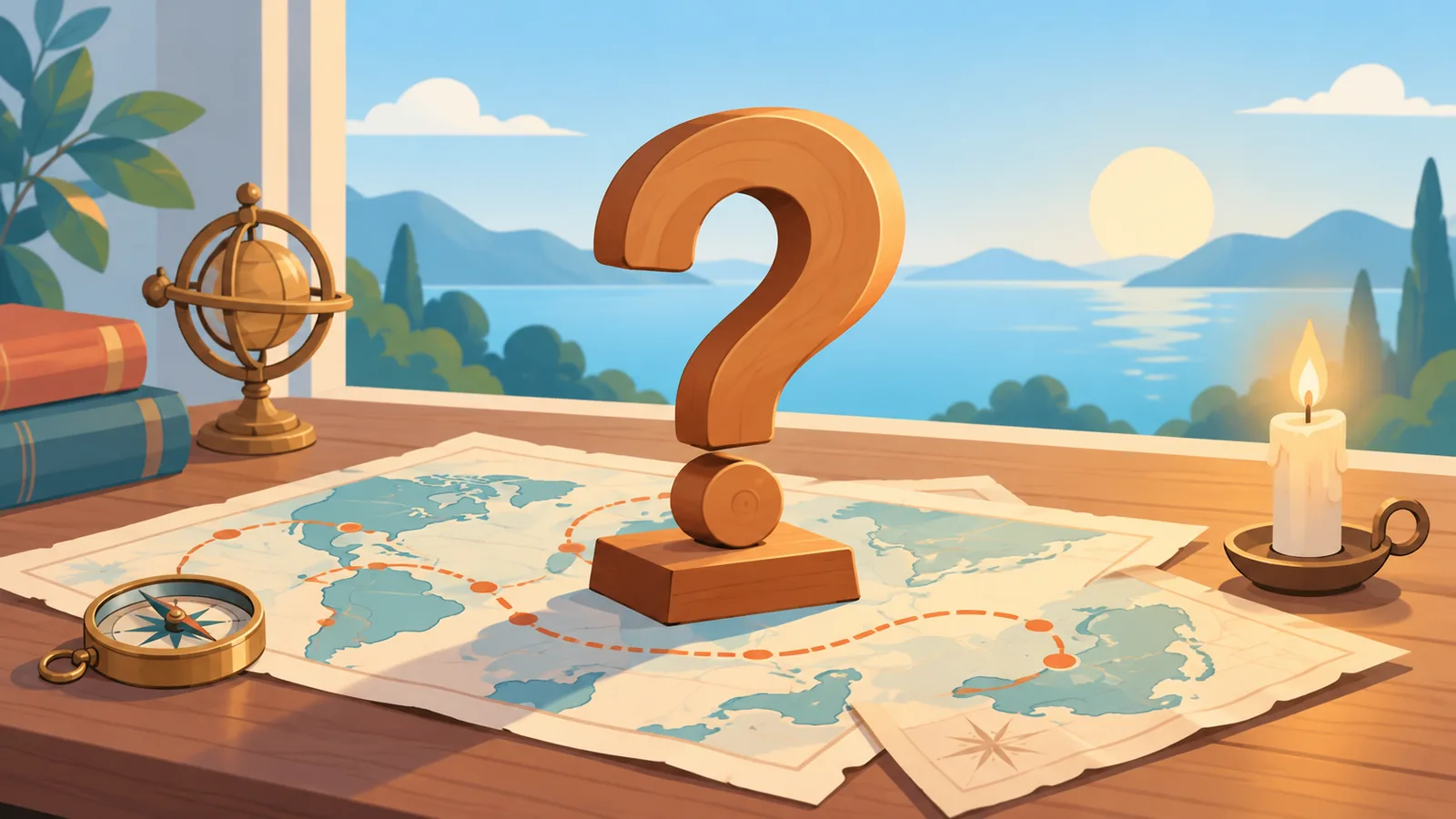 Signo de interrogación de madera sobre una mesa con mapas