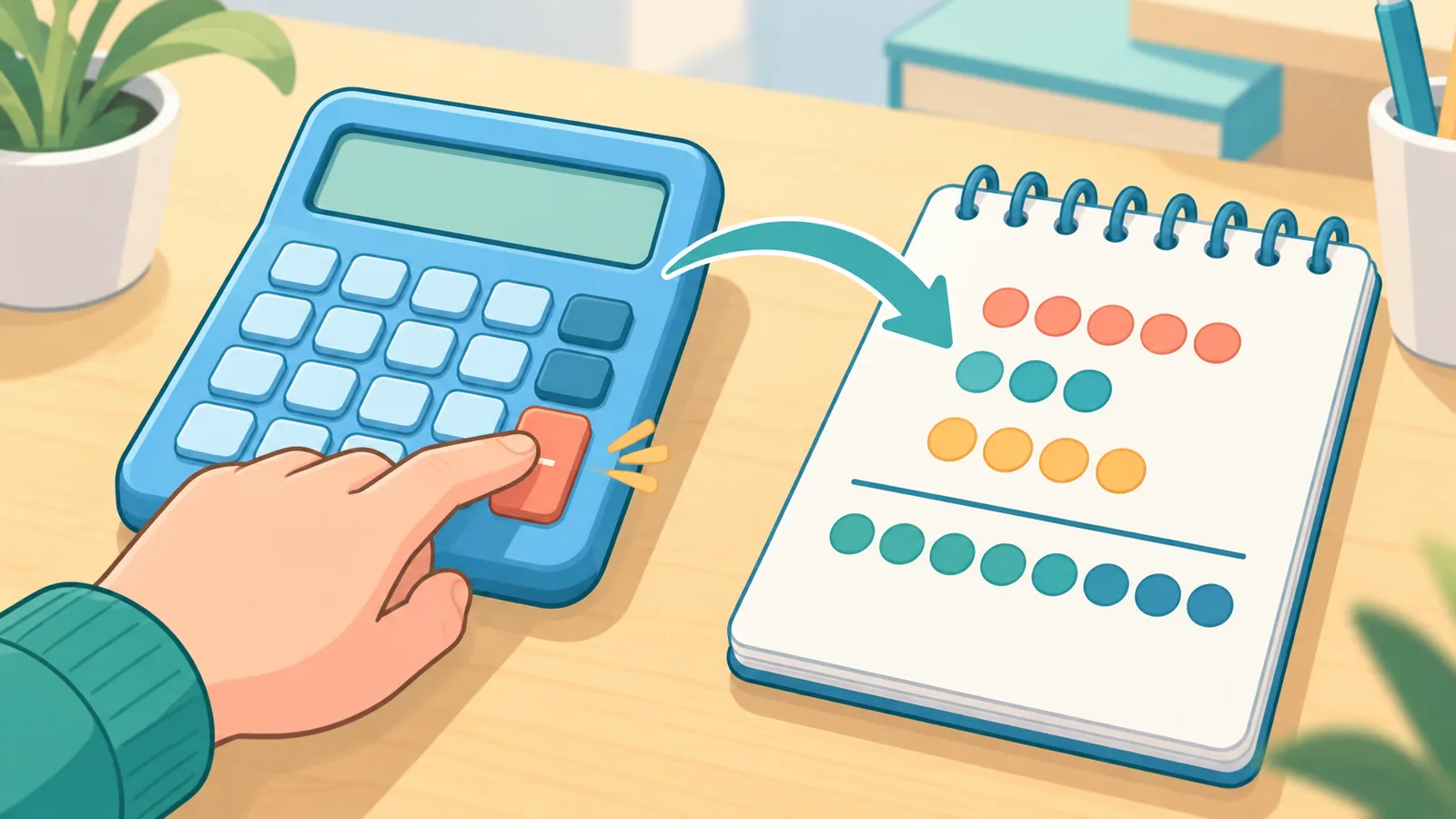 Calculadora y libreta con sumas manuscritas sobre un escritorio