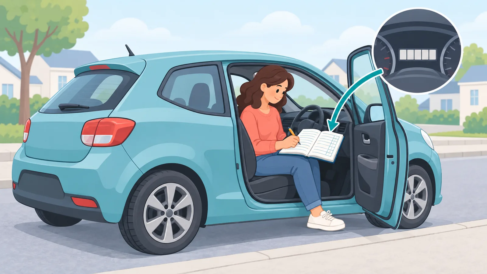 Conductor anotando los kilómetros en un registro junto a su coche