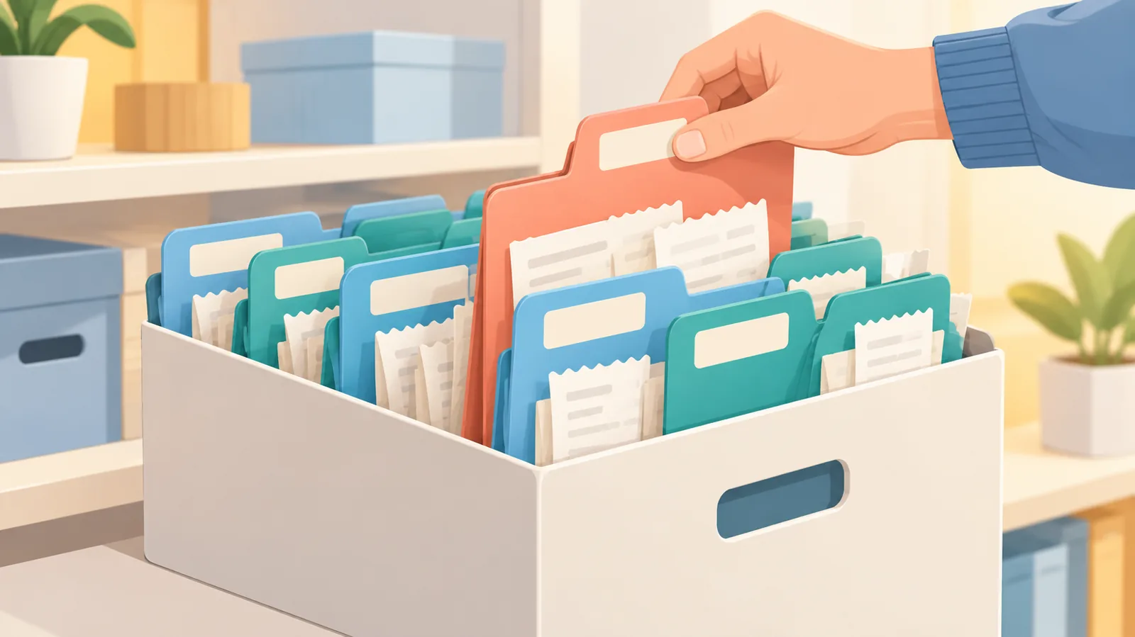 Caja de archivo con carpetas etiquetadas y justificantes ordenados