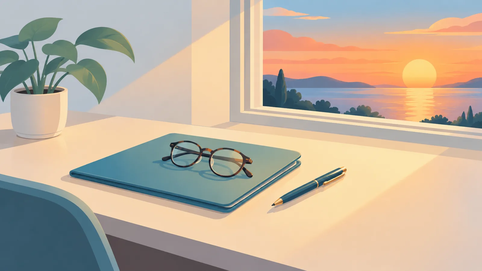Carpeta cerrada, bolígrafo y gafas sobre un escritorio al atardecer