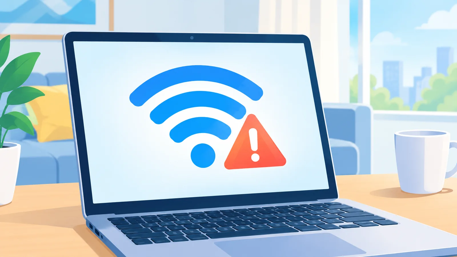 Portátil con el icono de Wi-Fi y un triángulo de advertencia sobre una página en blanco