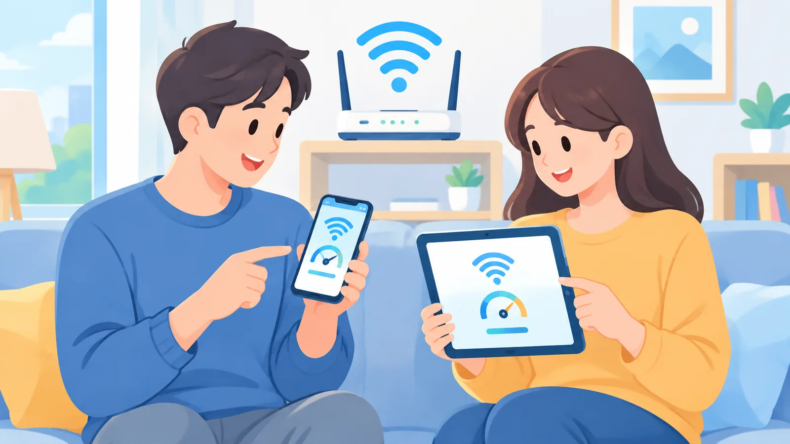 Dos personas comparando la conexión de un móvil y una tableta en el mismo Wi-Fi