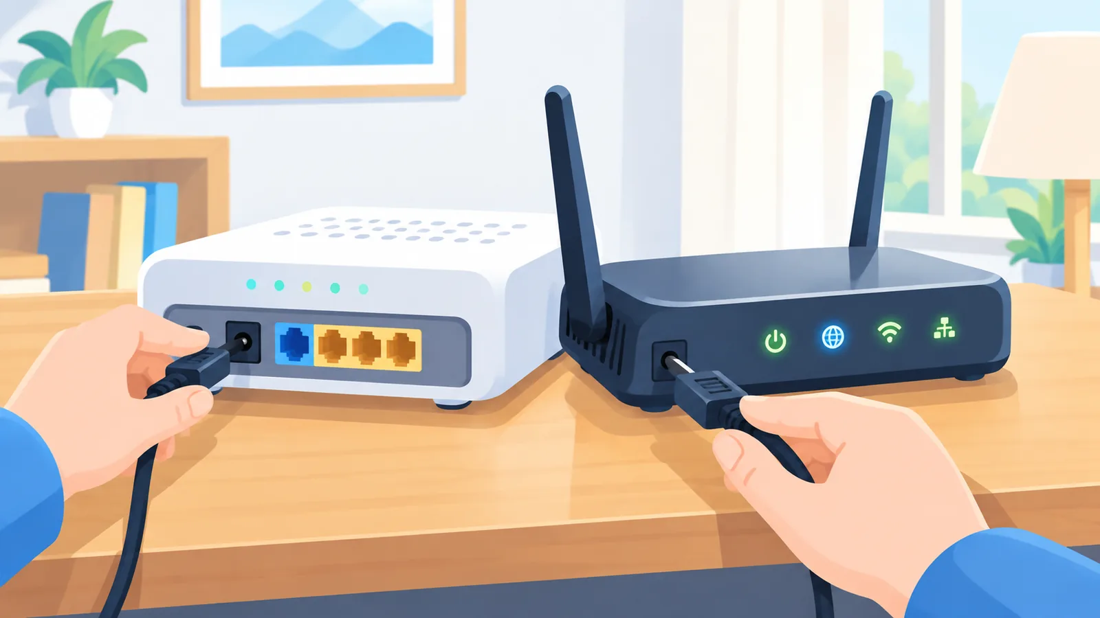 Manos conectando el cable de corriente de un módem junto a un router