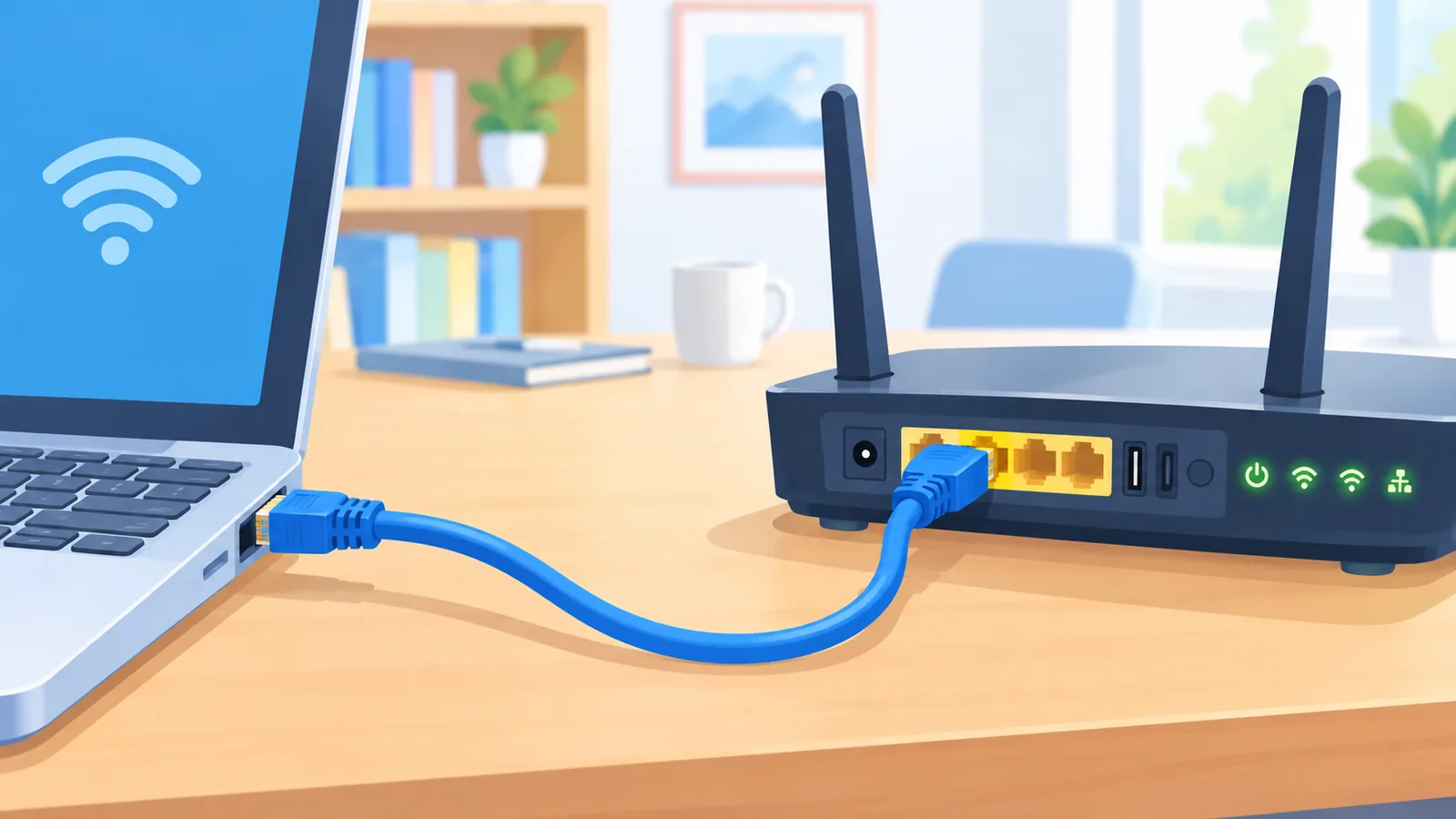 Cable Ethernet que conecta un portátil con la parte trasera de un router