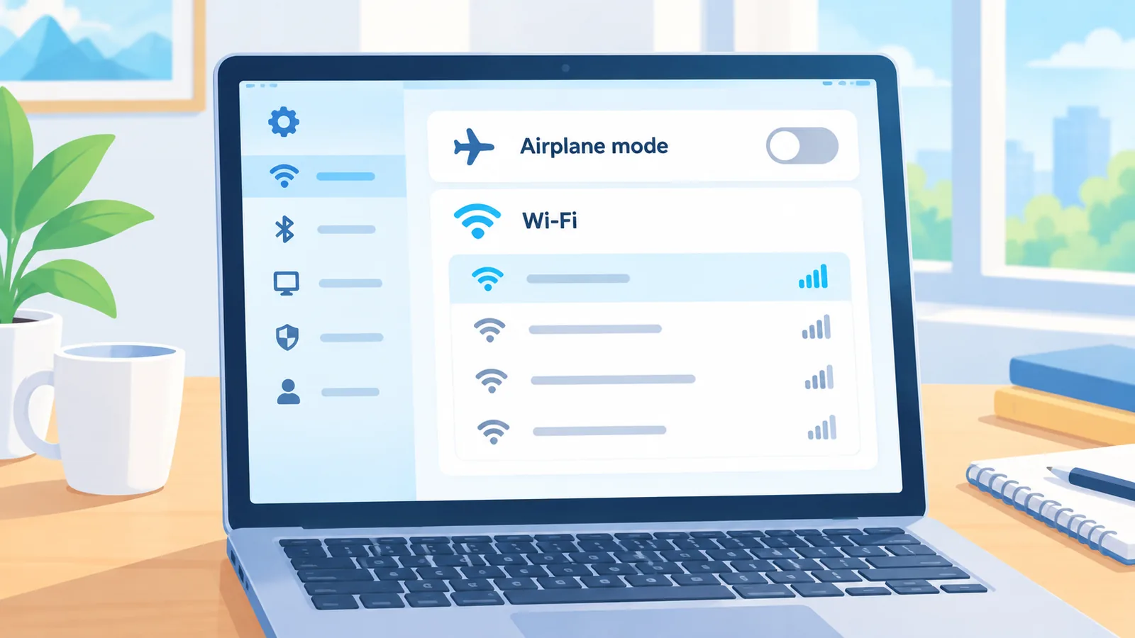 Panel de red de Windows con el modo avión desactivado y redes Wi-Fi disponibles