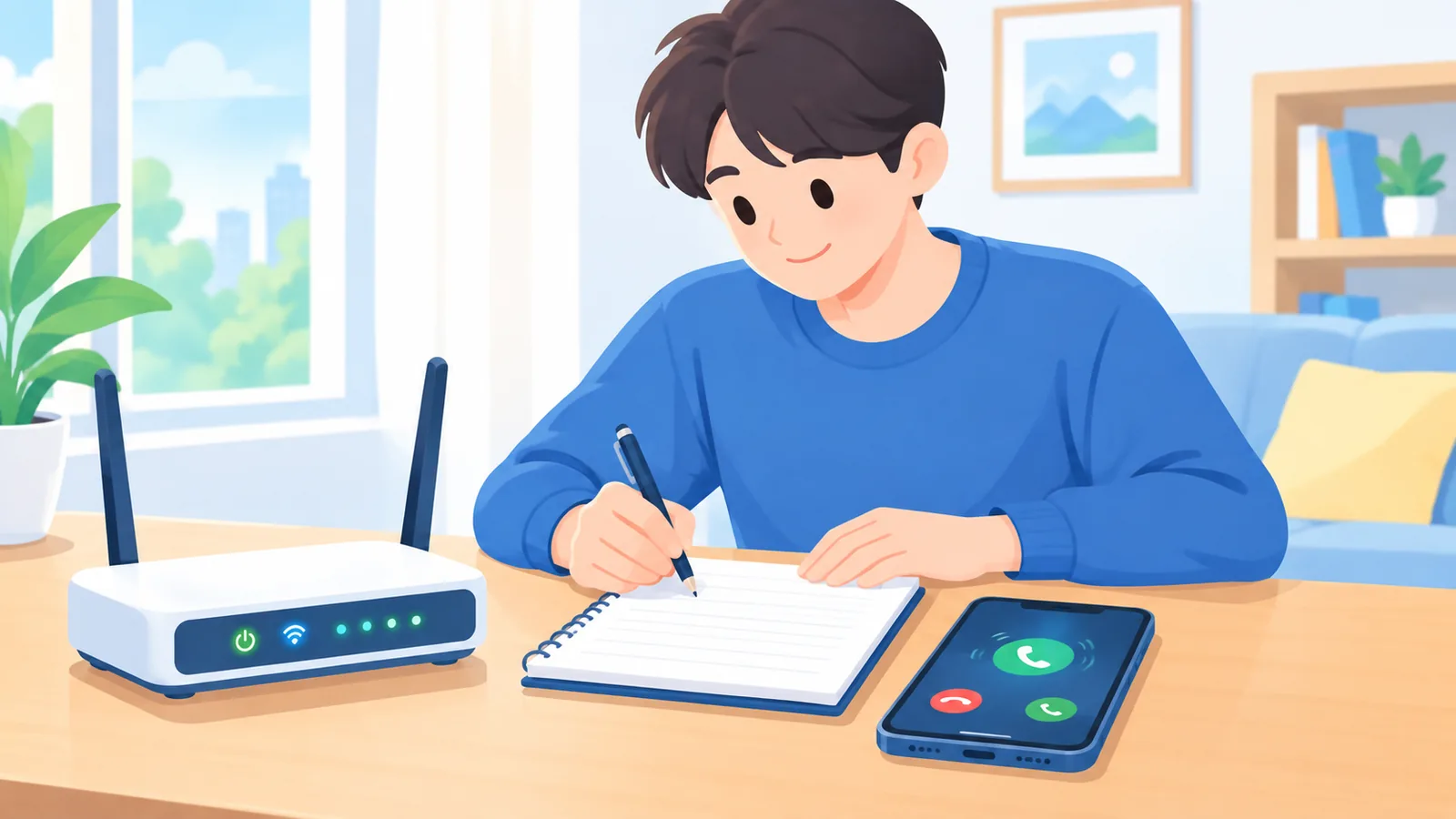 Persona anotando datos junto al router antes de llamar al operador