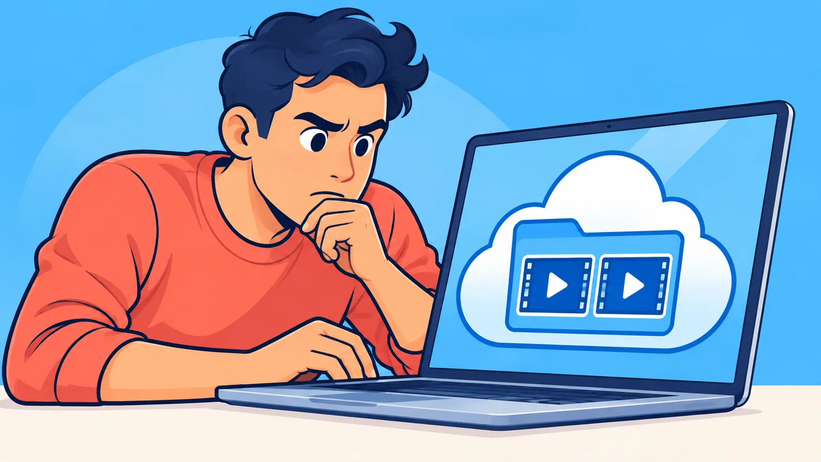 Creador de contenido revisando vídeos 4K en un portátil con una carpeta en la nube abierta