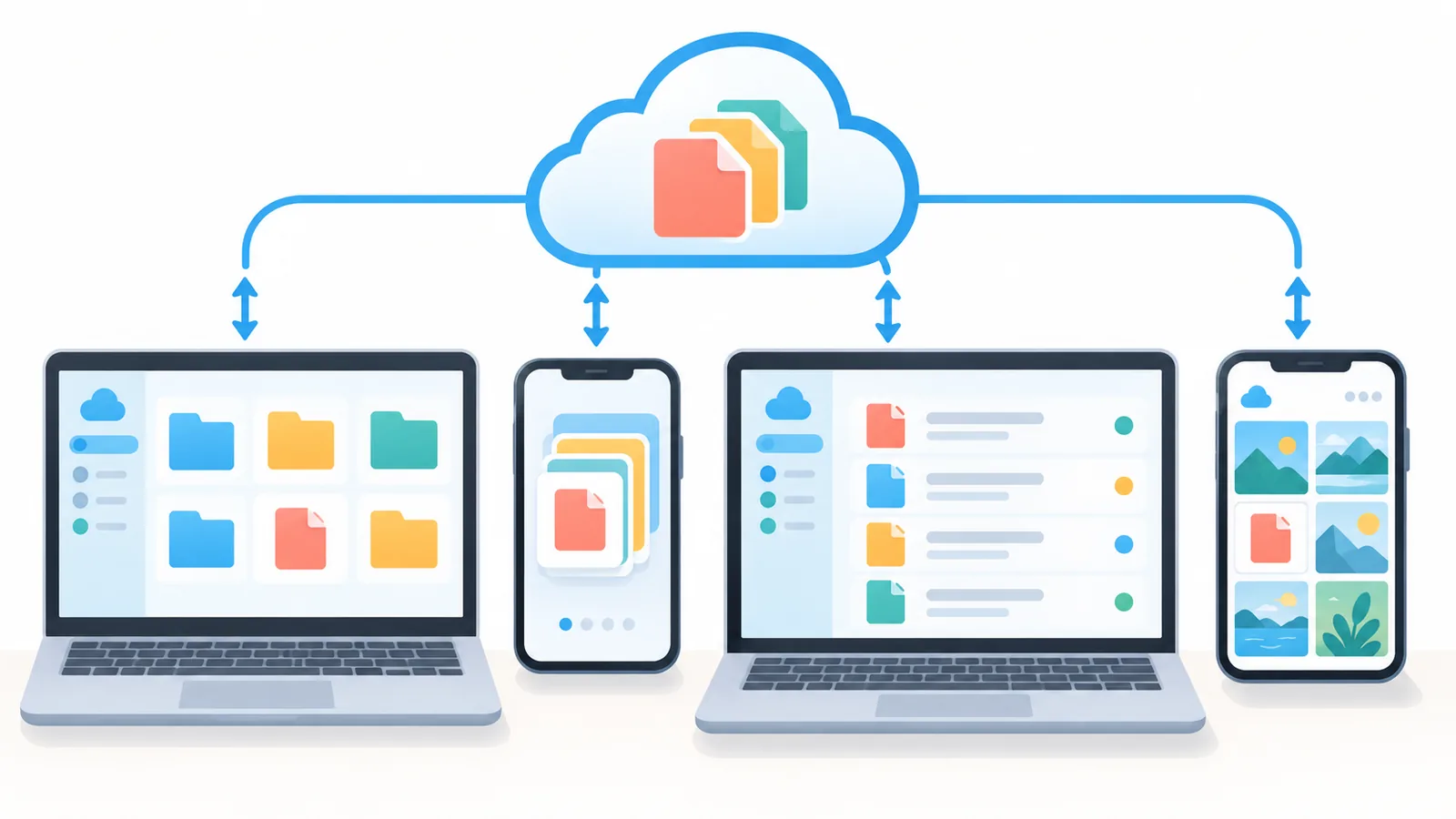 Cuatro pantallas con distintas interfaces de almacenamiento en la nube comparadas
