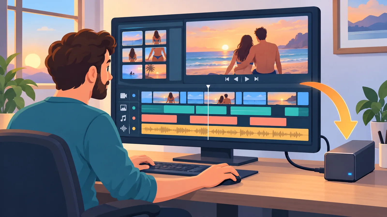 Editor de vídeo con la línea de tiempo en el monitor y un disco externo al lado