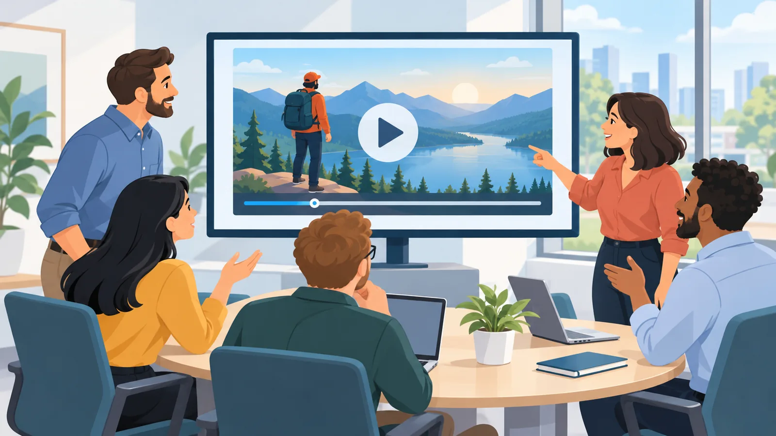 Compañeros revisando un vídeo juntos en una oficina moderna