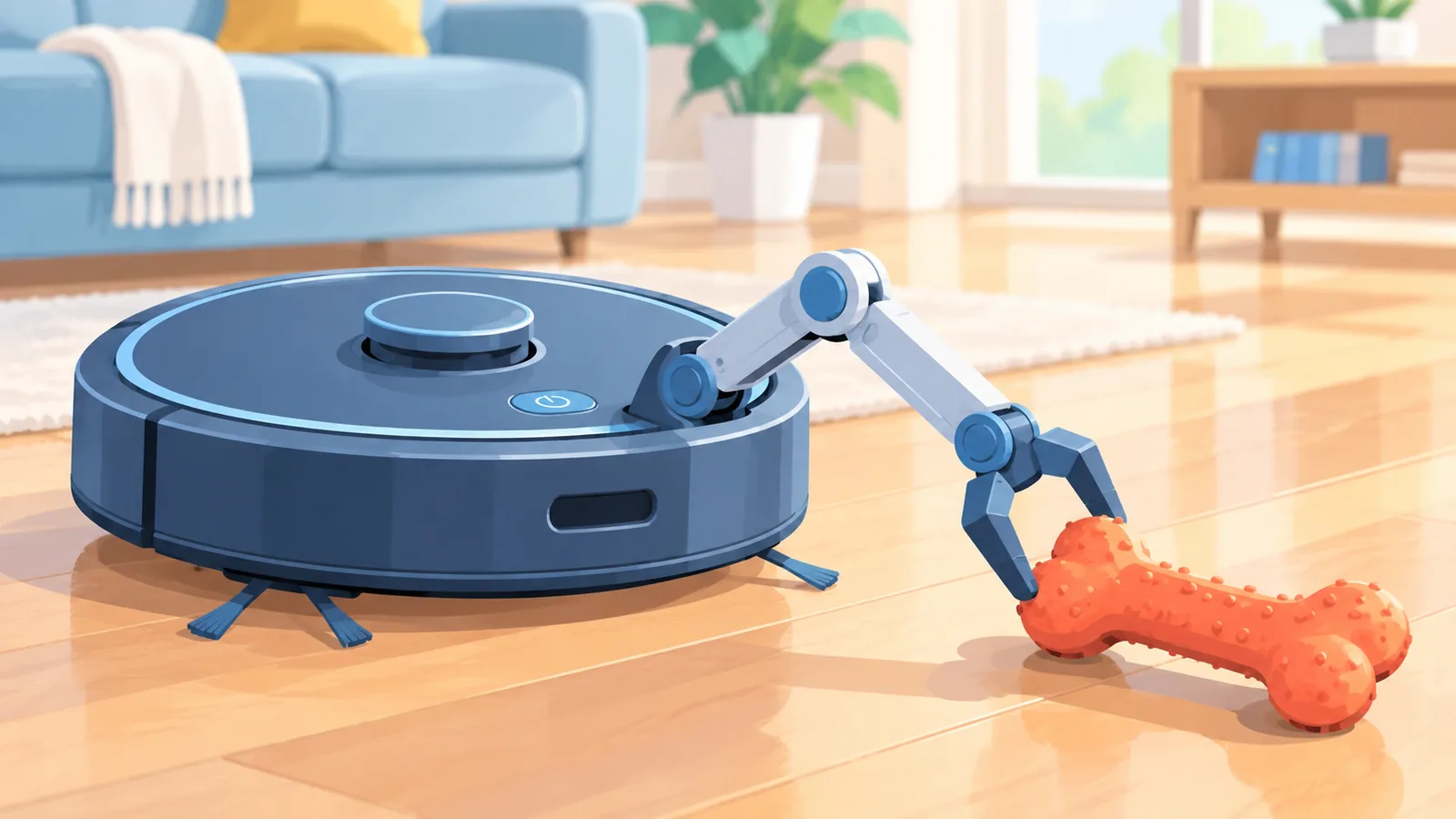Robot aspirador con brazo mecánico esquivando un juguete de perro en suelo duro