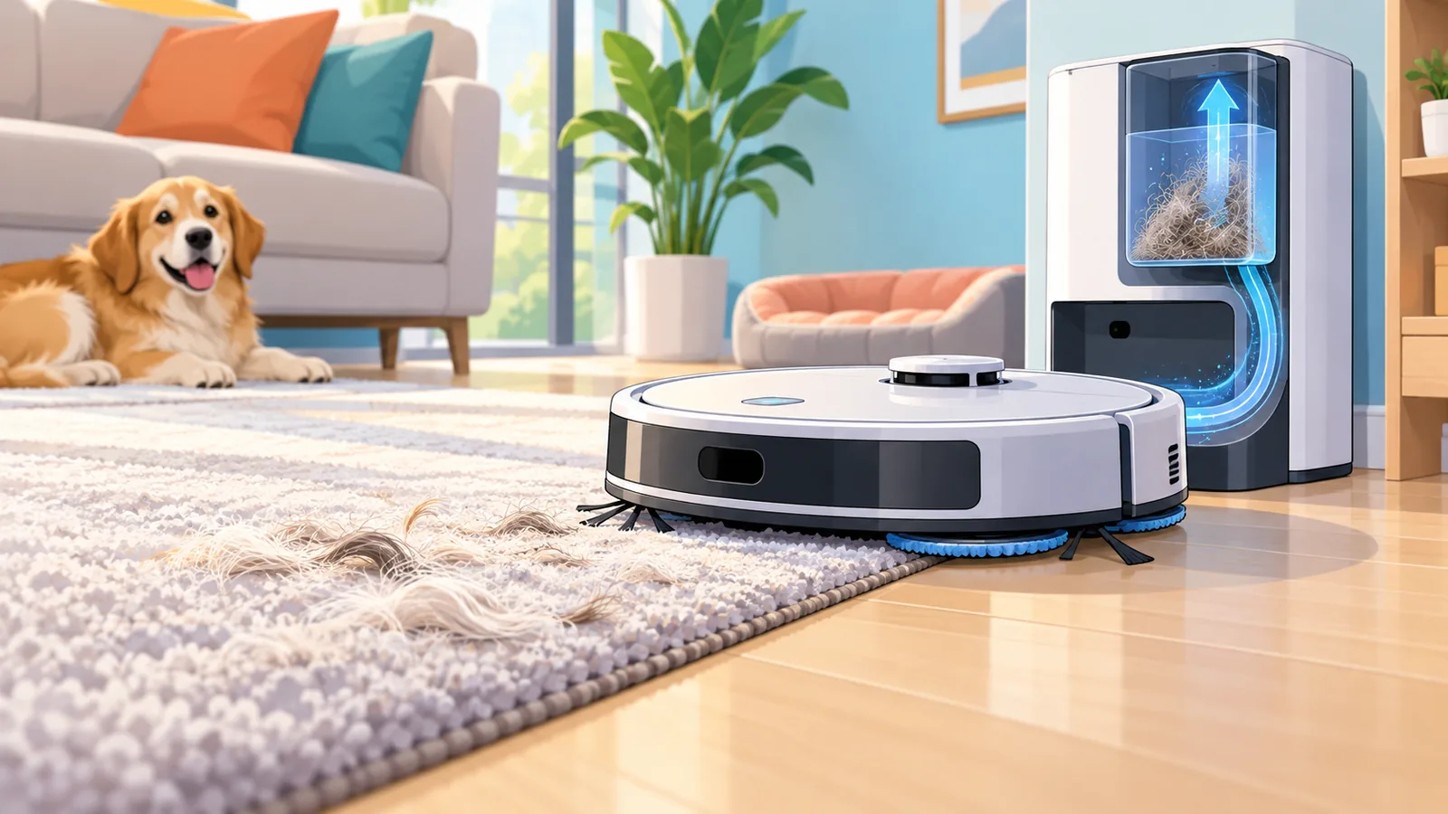 Robot aspirador con base de vaciado automático junto a una alfombra con pelo de mascota