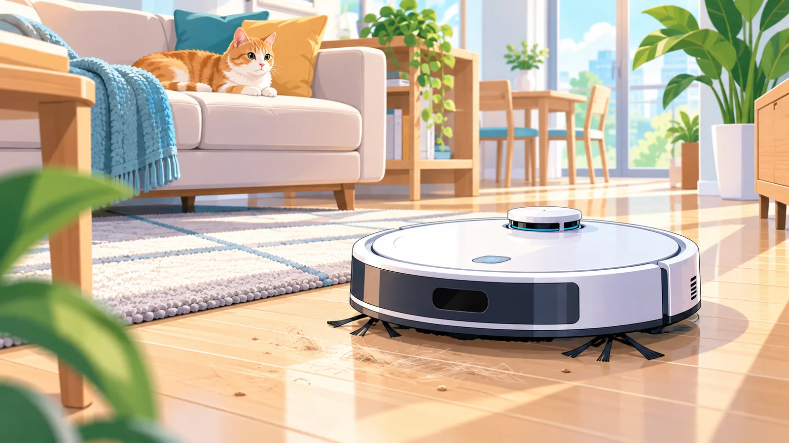 Robot aspirador económico con LiDAR limpiando un suelo laminado con un gato al fondo